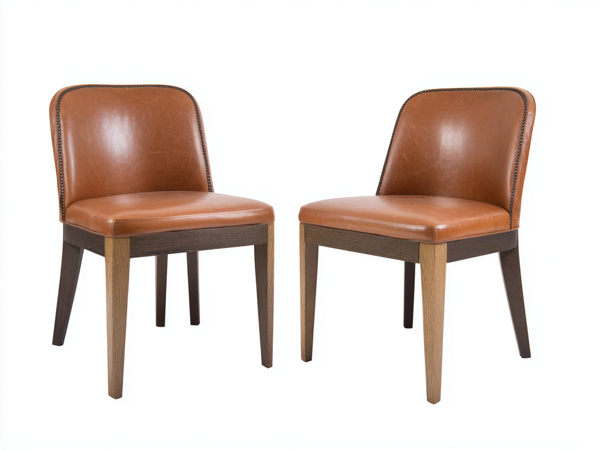 Sillas de comedor tapizadas en piel sintética 50x56x86 cm - marrón coñac y nogal oscuro - respaldo acolchado con ribete decorativo