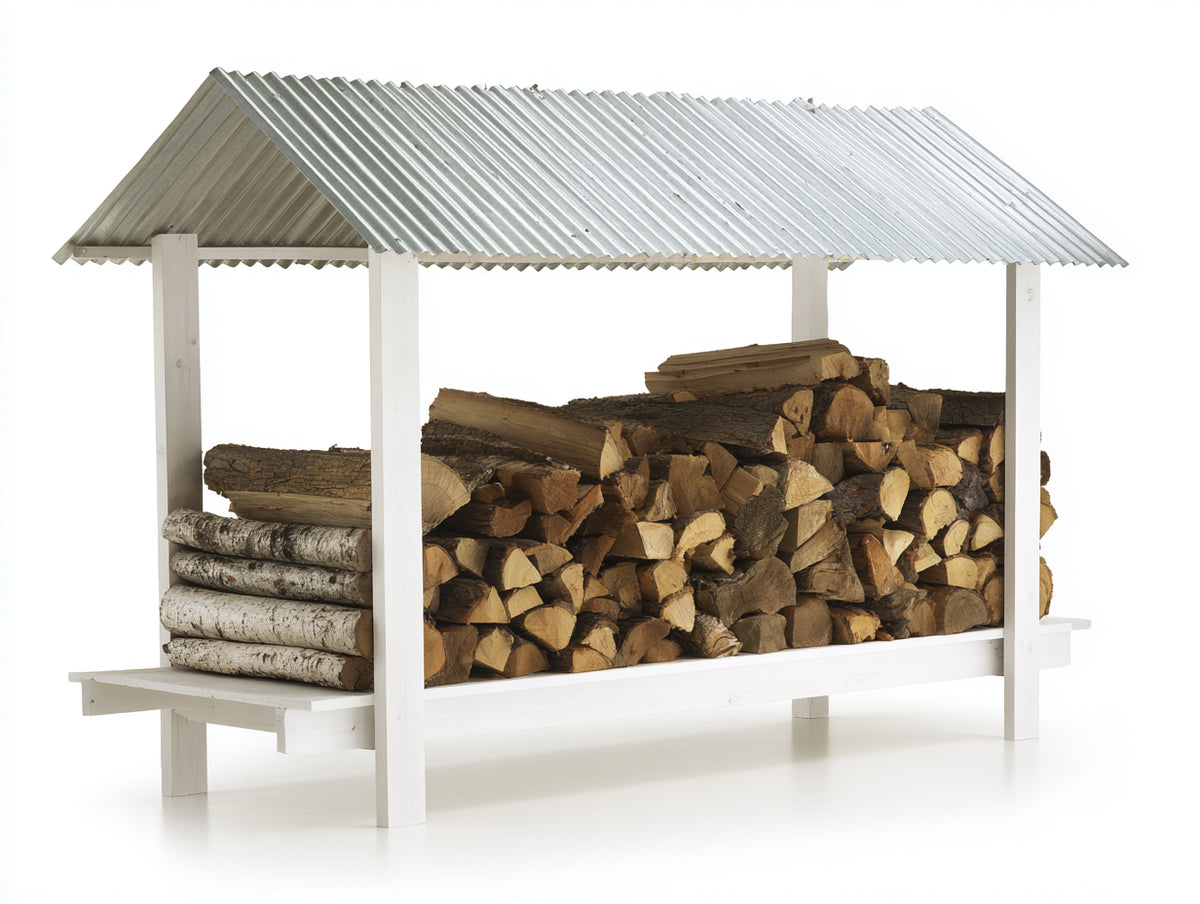 Leñero de exterior de madera y metal 200x80x180 cm - blanco y gris metálico - estructura abierta con techo a dos aguas diseño funcional