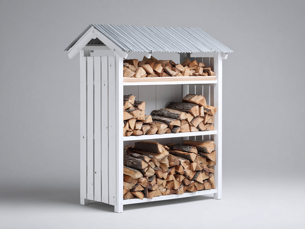 Leñero de exterior de madera 120 x 45 x 180 cm - blanco y gris claro - diseño vertical con tres niveles y tejado a dos aguas
