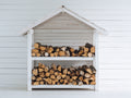 Leñero de exterior de madera 140 x 50 x 165 cm - blanco - diseño abierto de dos niveles con tejado a dos aguas