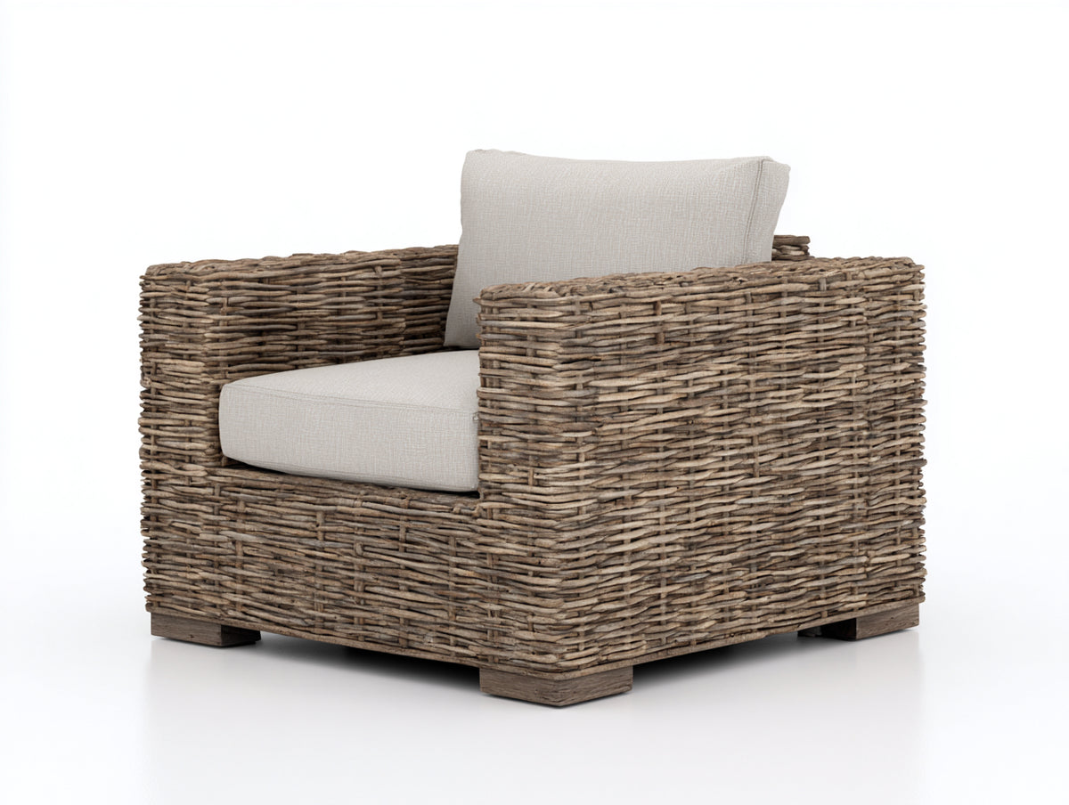 Sillones de ratán 84x86x88 cm - marrón natural y blanco crema - respaldo recto con reposabrazos anchos y asiento acolchado