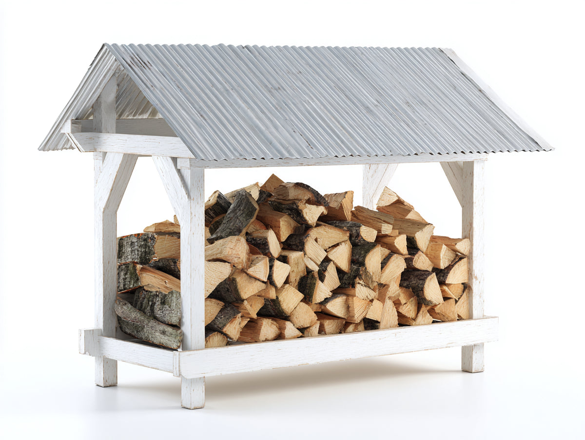 Leñero de exterior de madera 150x60x170 cm - blanco envejecido y gris - tejado a dos aguas y estructura elevada