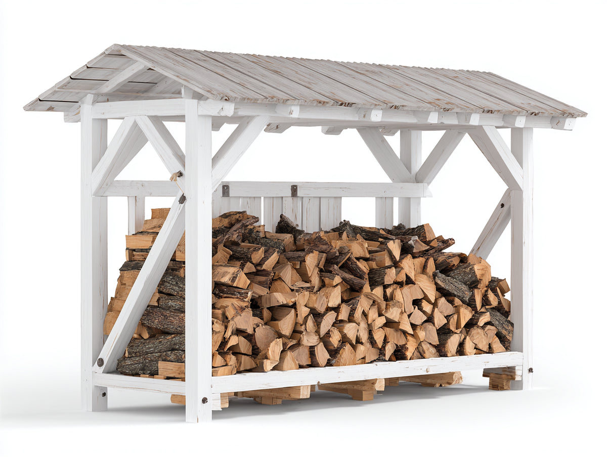 Leñero de exterior de madera 190x85x180 cm - blanco envejecido - estructura abierta con techo a dos aguas y refuerzos diagonales