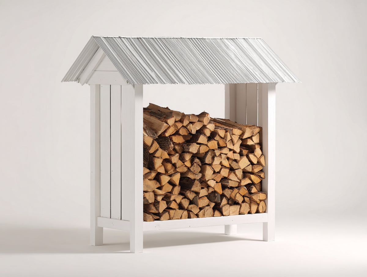 Leñero de exterior de madera 130 x 55 x 165 cm - blanco y gris claro - diseño abierto con tejado a dos aguas