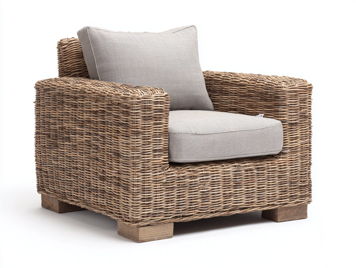 Sillones de ratán 94 x 90 x 82 cm - marrón natural y beige claro - diseño amplio con asiento y respaldo acolchados